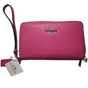 NWT Box COACH Double Zip Fuchsia Wallet Leather 63112 Bifold Zipper ID Wristlet
